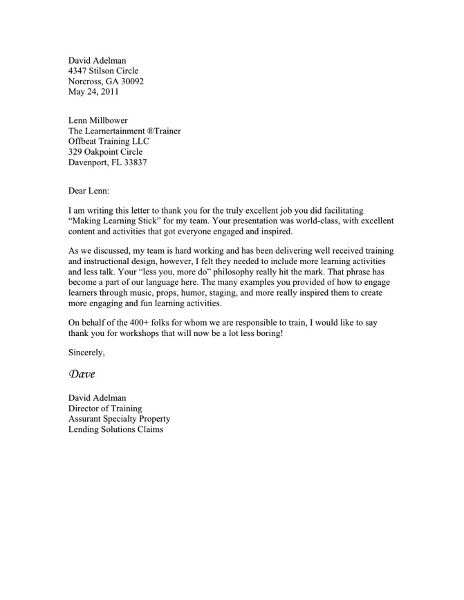 Disney Keynote Speaker Assurant Specialty Property Recommendation Letter