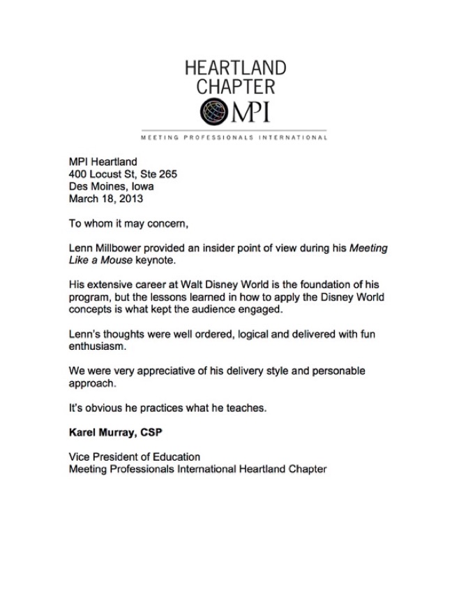 Disney Keynote Speaker MPI Heartland Recommendation Letter