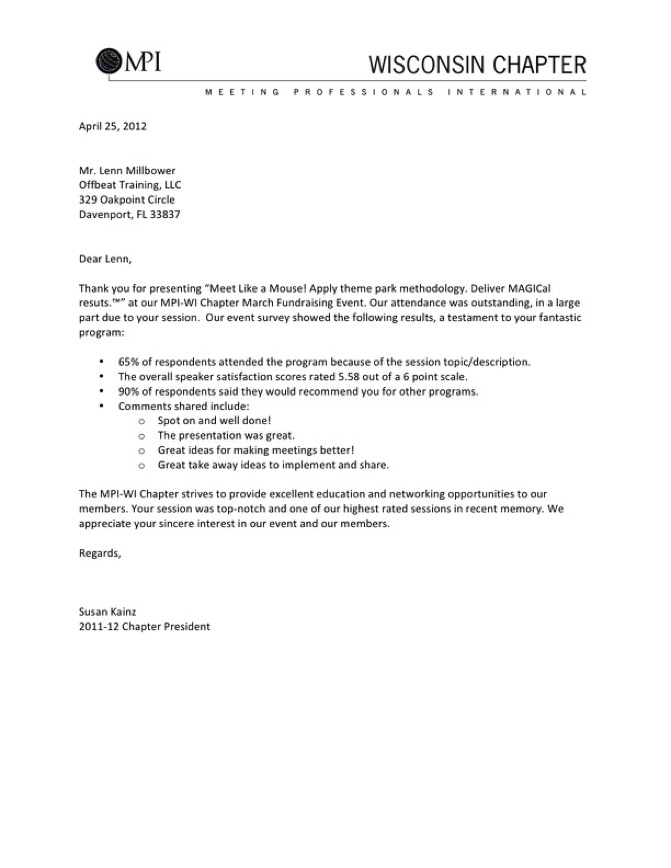 Disney Keynote Speaker MPI Wisconsin Recommendation Letter