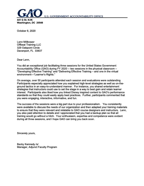 Disney Workshop Trainer US GAO Recommendation Letter