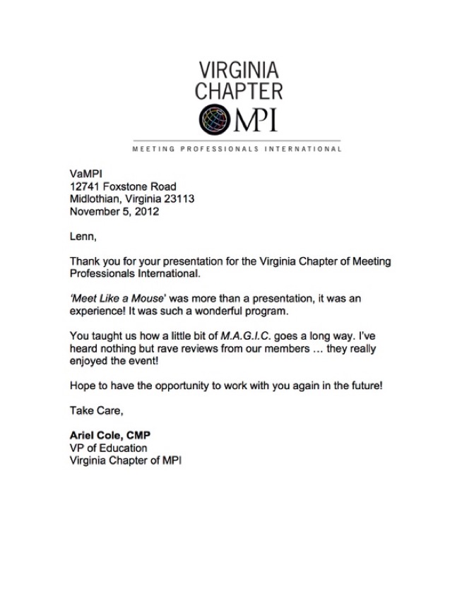 Disney Keynote Speaker VaMPI Recommendation Letter